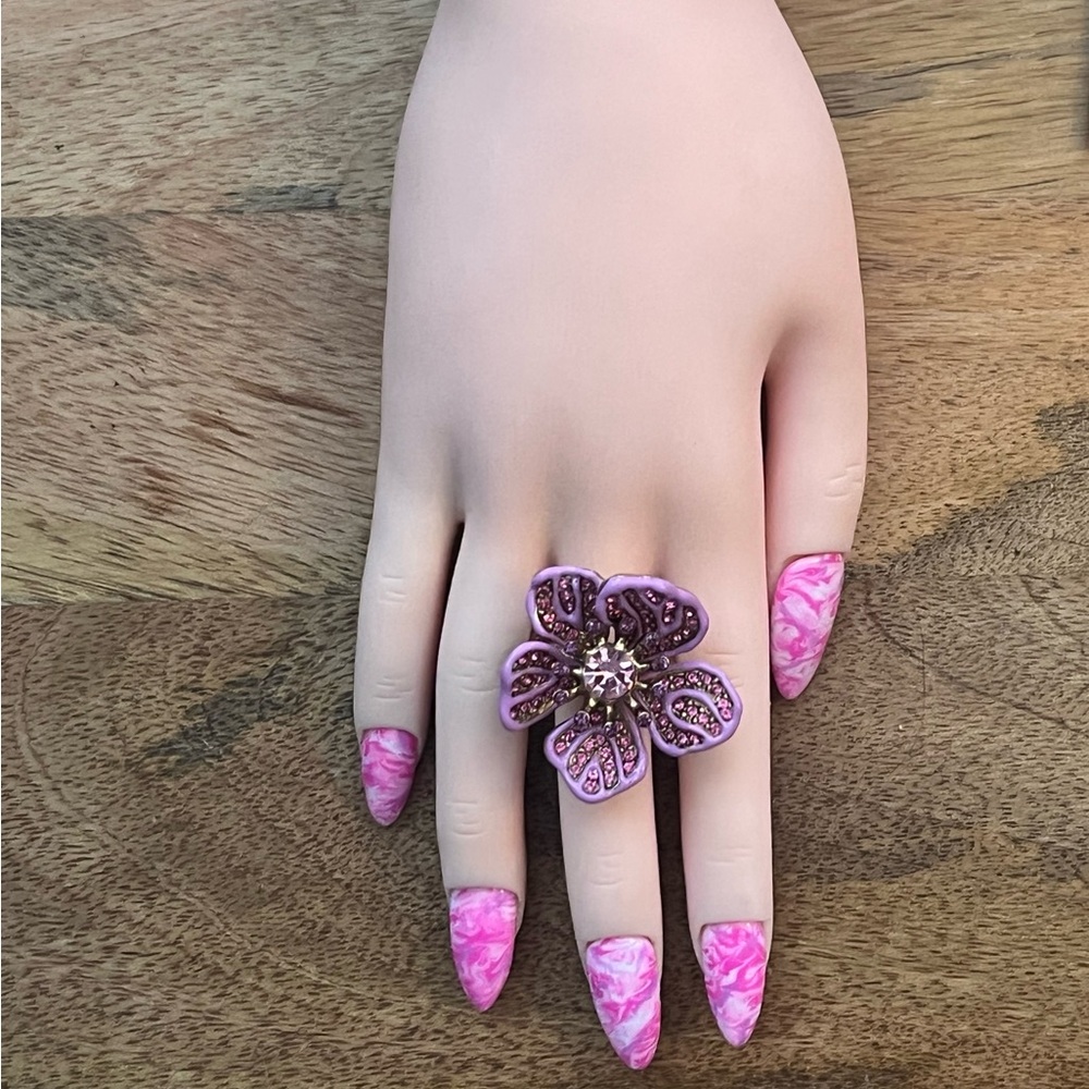 Oscar de la Renta Pink Floral Flower Statement Ring Size 6 Crystal Enamel Resin - Picture 3 of 13